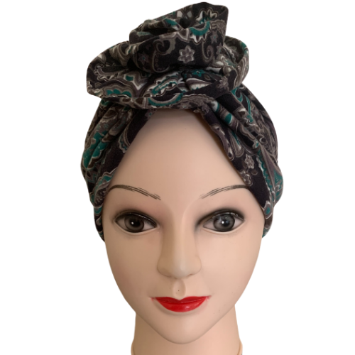 Printed Cotton, Turban Stretch Top Knot Cap.