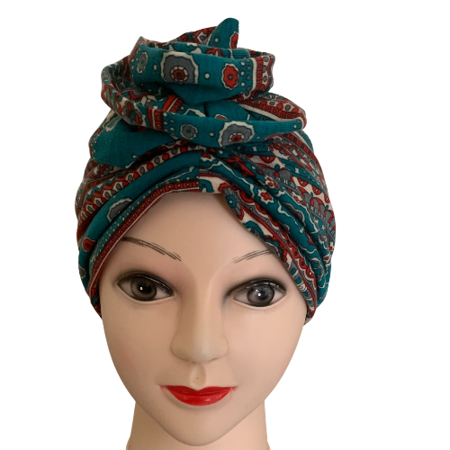 Printed Cotton, Turban Stretch Top Knot Cap.