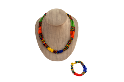 Multicolored multistrand African necklace and matching bracelet.