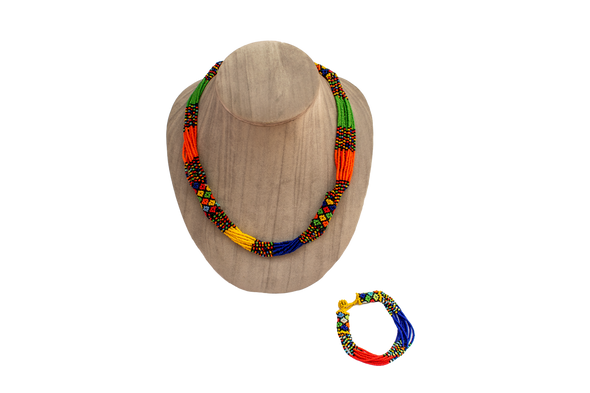 Multicolored multistrand African necklace and matching bracelet.