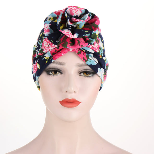 Printed Cotton, Turban Stretch Top Knot Cap.