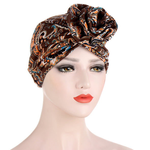 Printed Cotton, Turban Stretch Top Knot Cap.