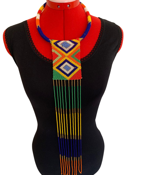 Classic African Hand Beaded Long Frilled Tie Necklace