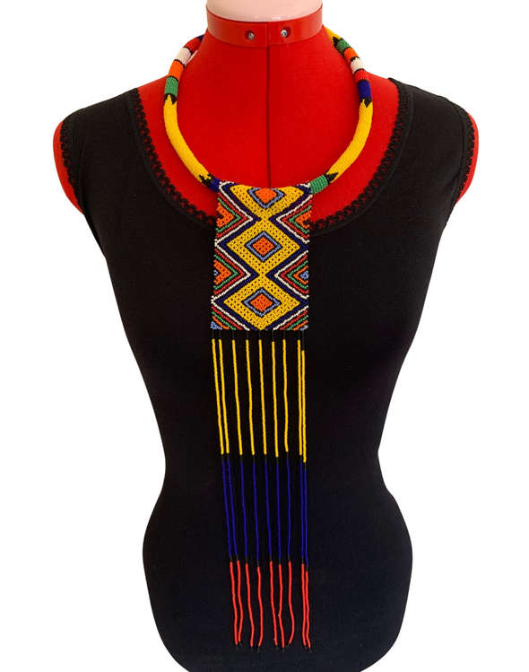 Classic African Hand Beaded Long Frilled Tie Necklace