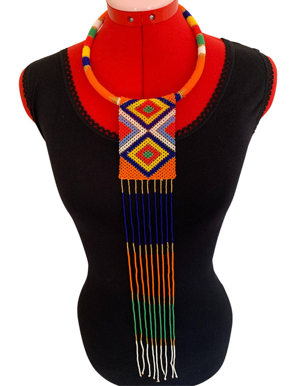 Classic African Hand Beaded Long Frilled Tie Necklace