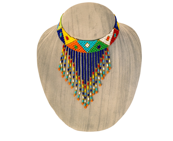 Blue frilled African Zulu beaded choker necklace